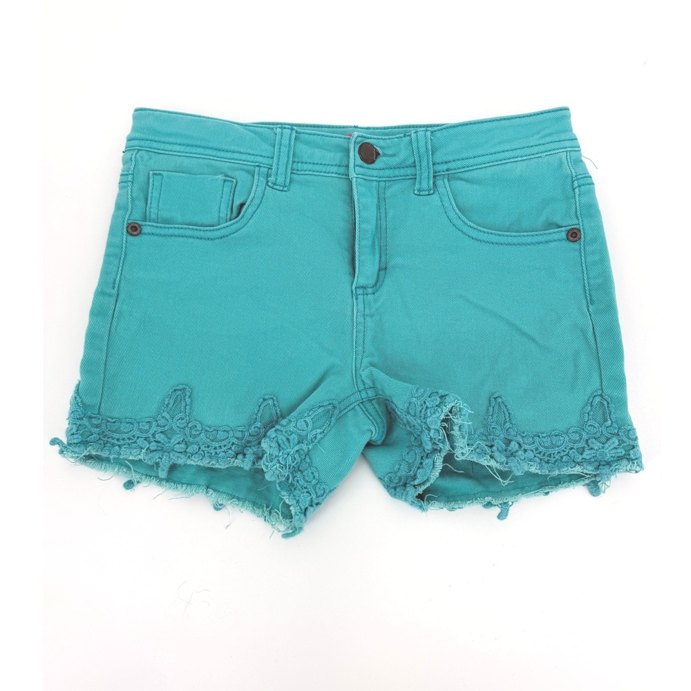 Red Camel Girls Teal Denim Crochet Lace Trim Frayed Hem Shorts Size 14